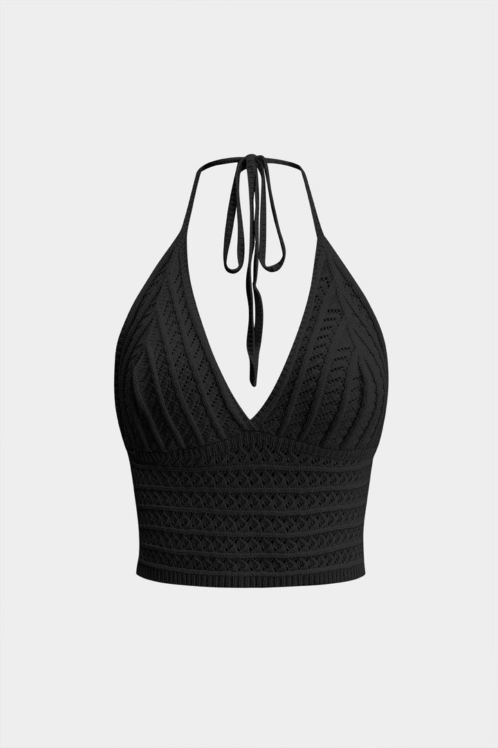 Knit V-Neck Halter Hollow Out Backless Tank Top