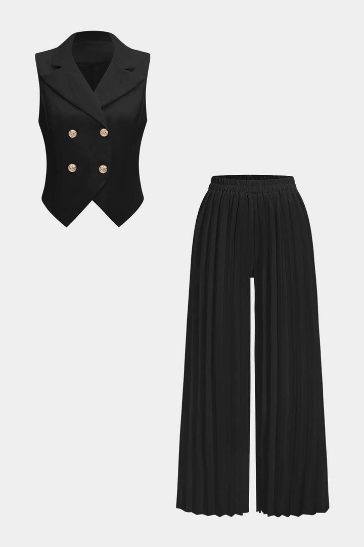 Solid Vest And Pleated High Waist Trousers Set