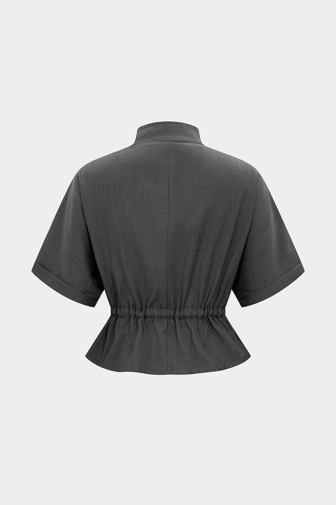 Linen Ruched Tie-Up Pocket Zipper Short-Sleeve Shirt