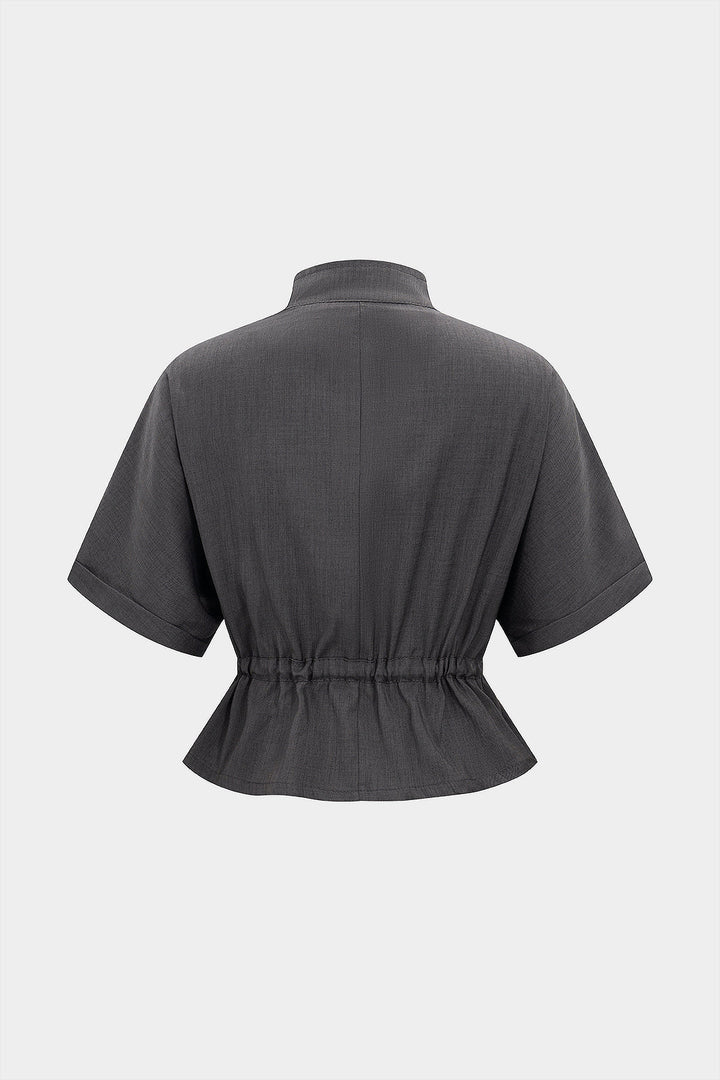 Linen Ruched Tie-Up Pocket Zipper Short-Sleeve Shirt