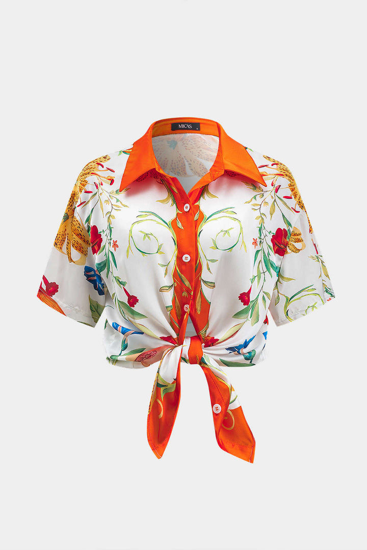 Floral Leaves Print Satin Button Short-Sleeve Shirt