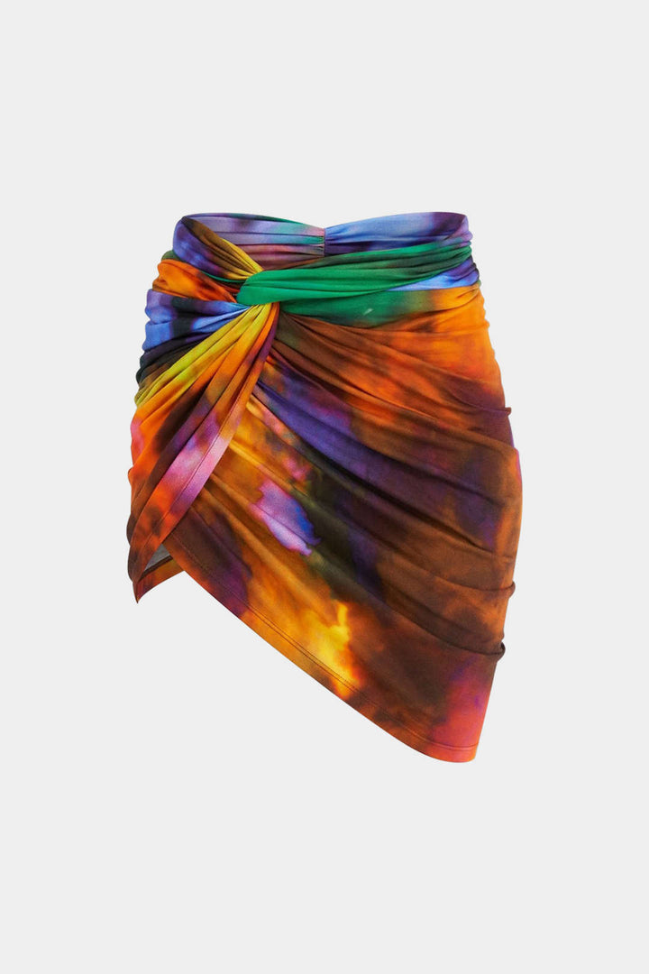 Tie Dye Ombre Print Ruched Twist Knot Skirt