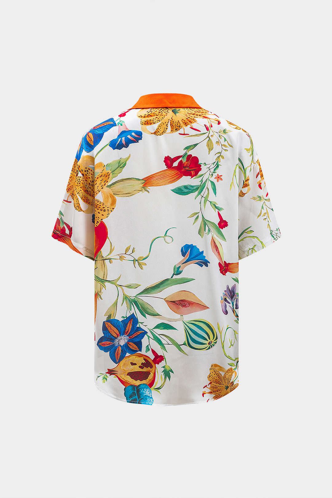 Floral Leaves Print Satin Button Short-Sleeve Shirt