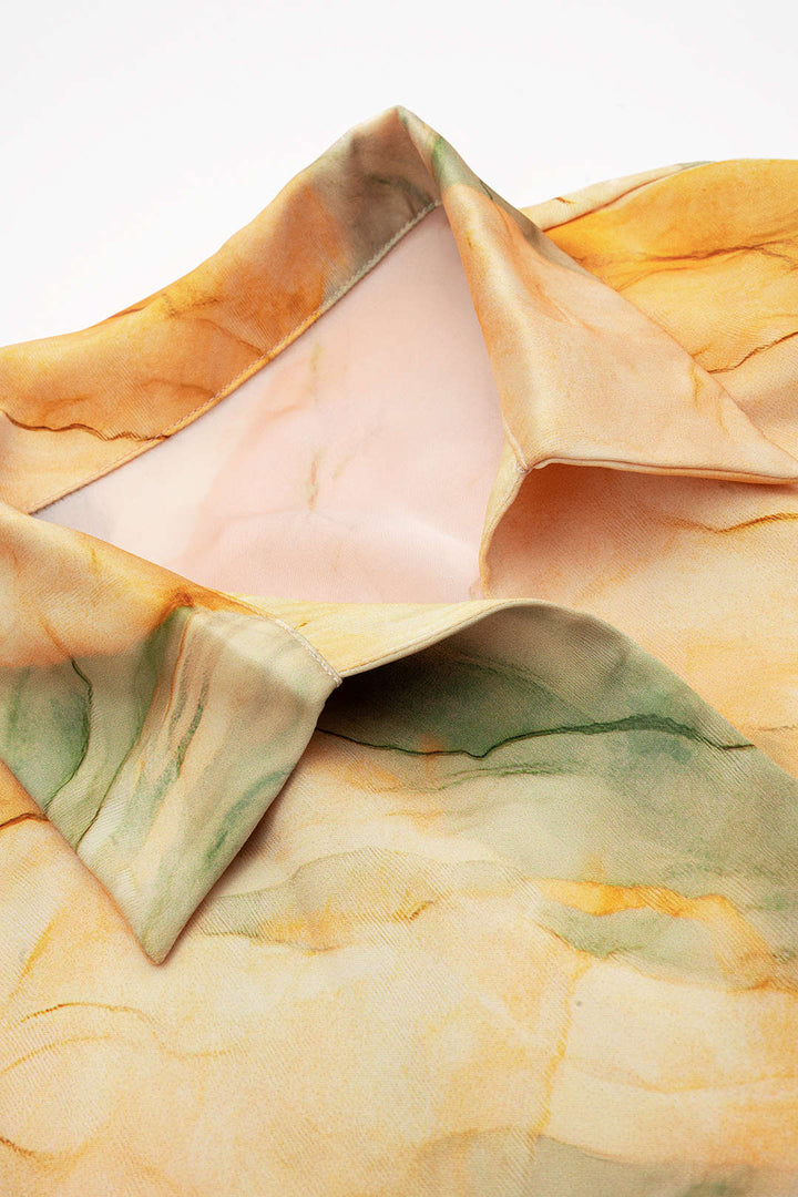 Tie Dye Print Satin Knotted Short-Sleeve Shirt