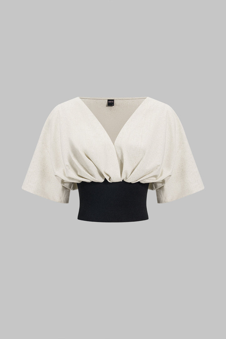Linen Patchwork Ruched Short-Sleeve Shirt