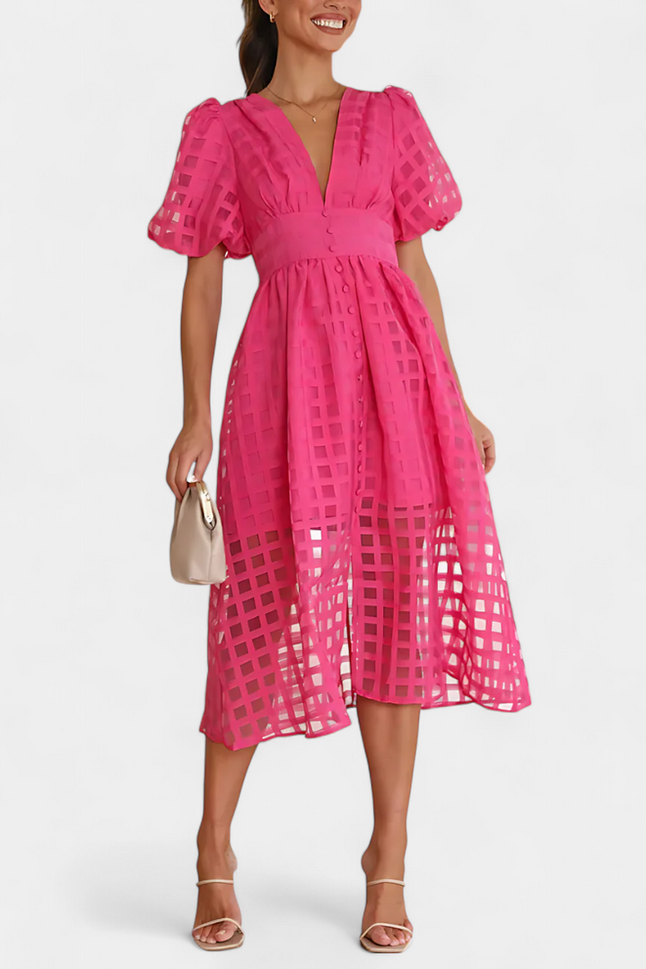 Marigold Bubble Sleeve Midi Dress with Checkered Pattern