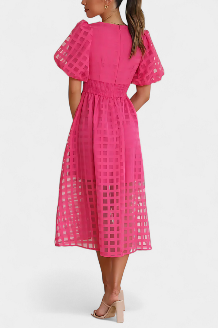 Marigold Bubble Sleeve Midi Dress with Checkered Pattern