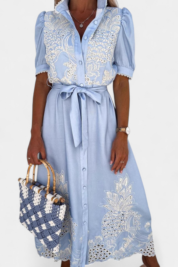 Nerea Shirt Dress Embroidered with Belt and Puffy Sleeves