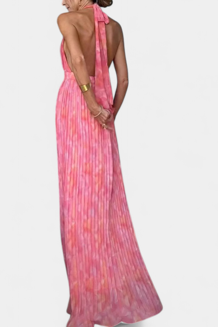Prisca Maxi Pleated Dress with Open Back and Halter Neck