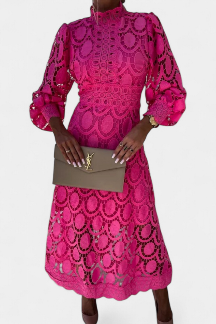 Lucinda Midi Lace Dress with Lantern Sleeves and Turtleneck