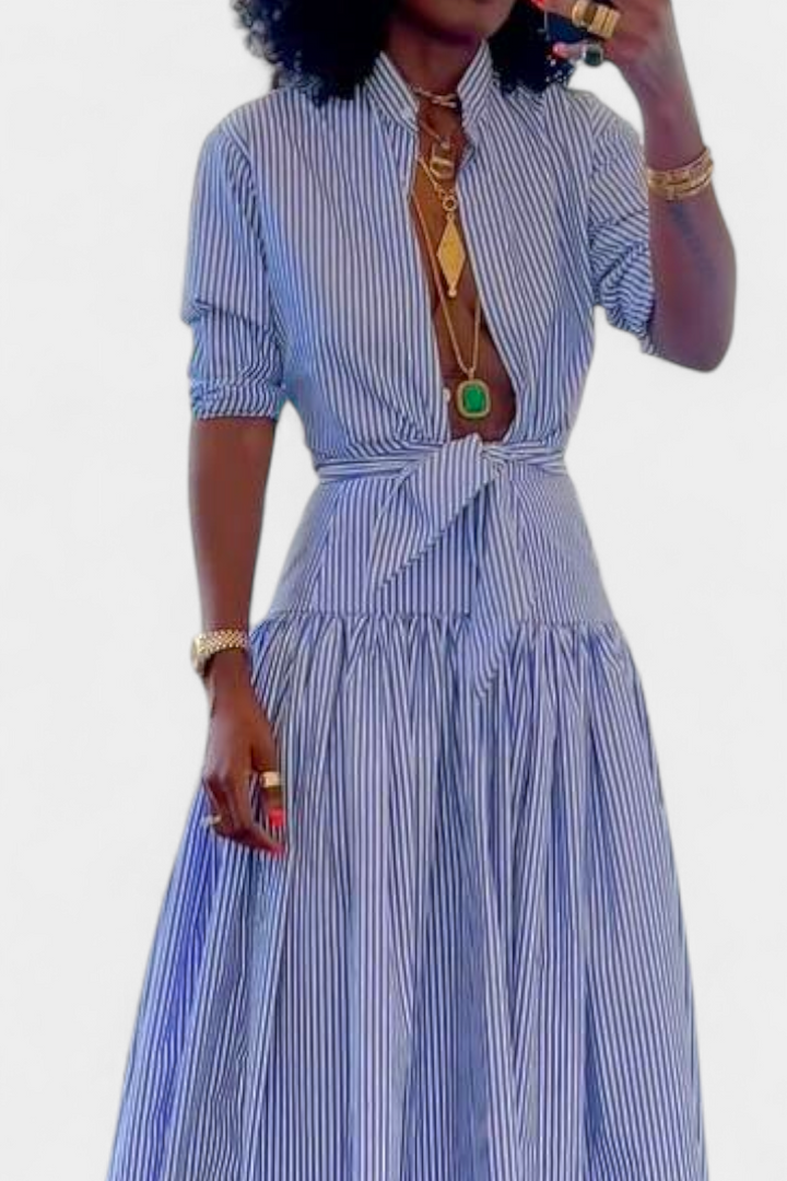 Ippolita High Neck Striped Shirt and Pleated Suit Skirt