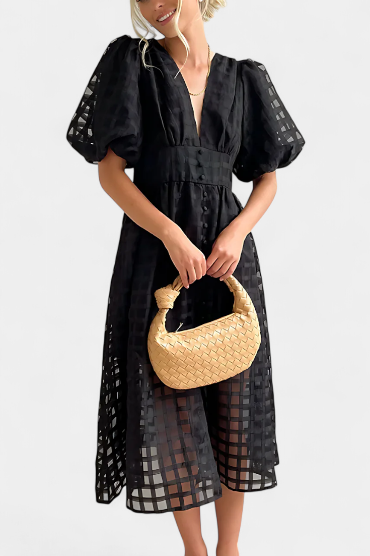 Marigold Bubble Sleeve Midi Dress with Checkered Pattern