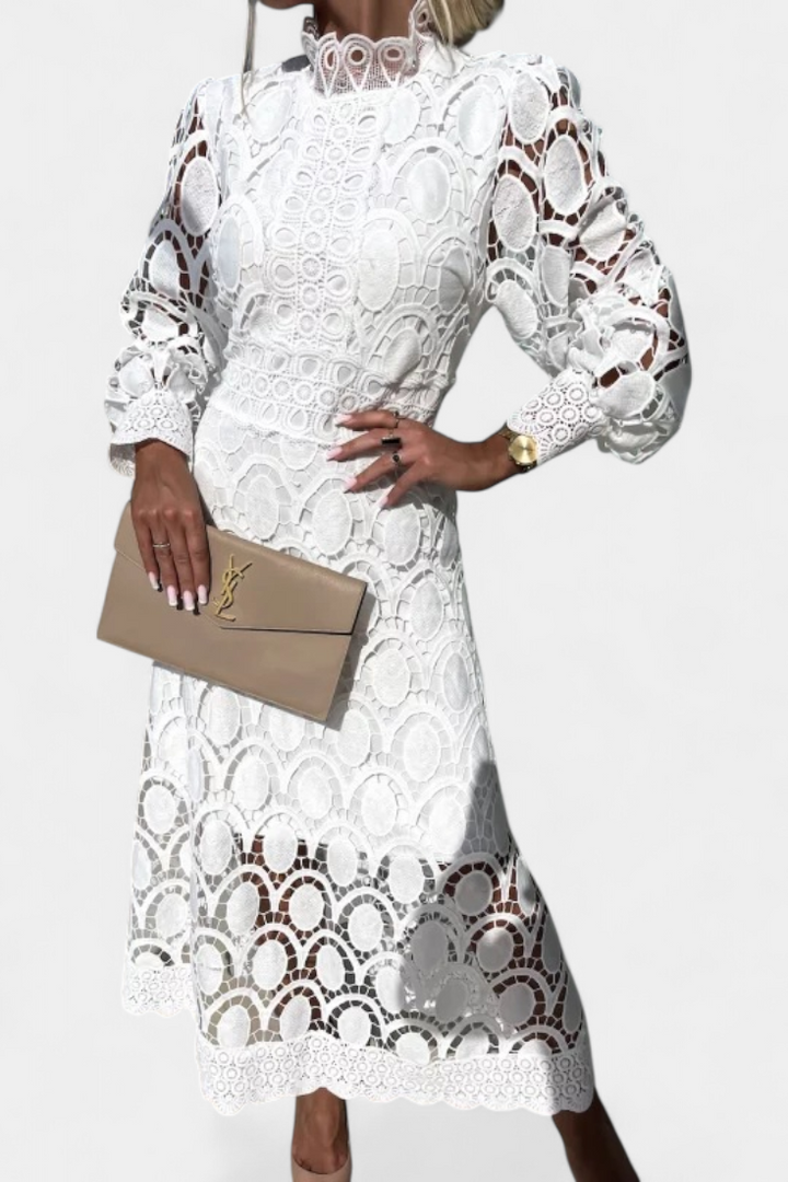 Lucinda Midi Lace Dress with Lantern Sleeves and Turtleneck