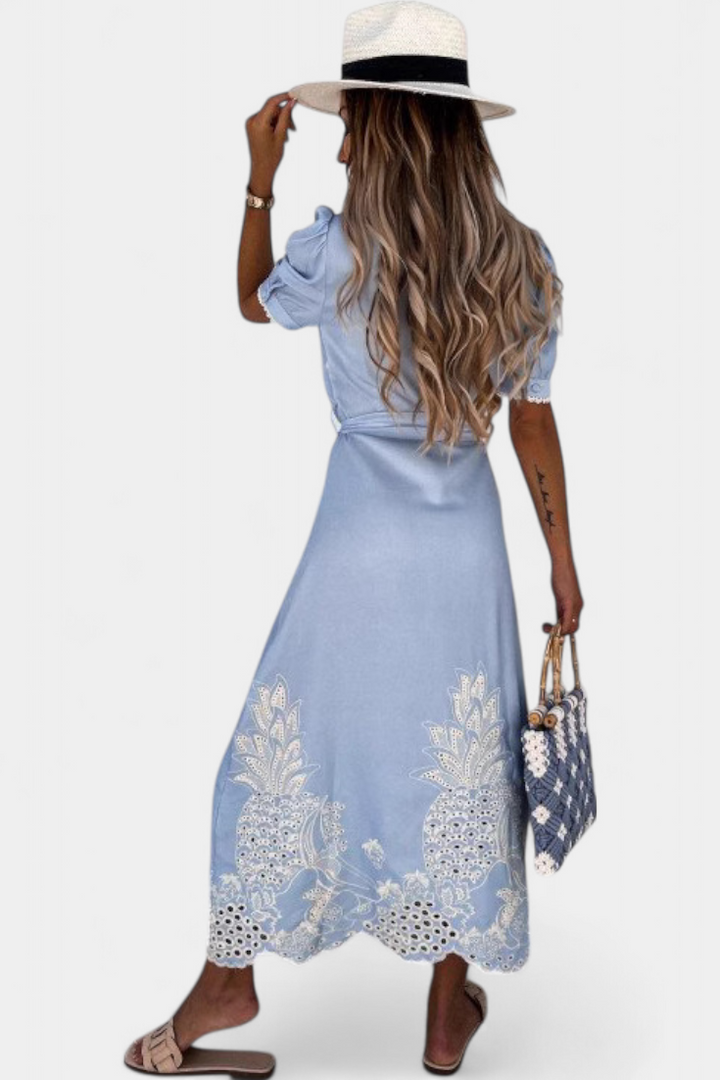 Nerea Shirt Dress Embroidered with Belt and Puffy Sleeves