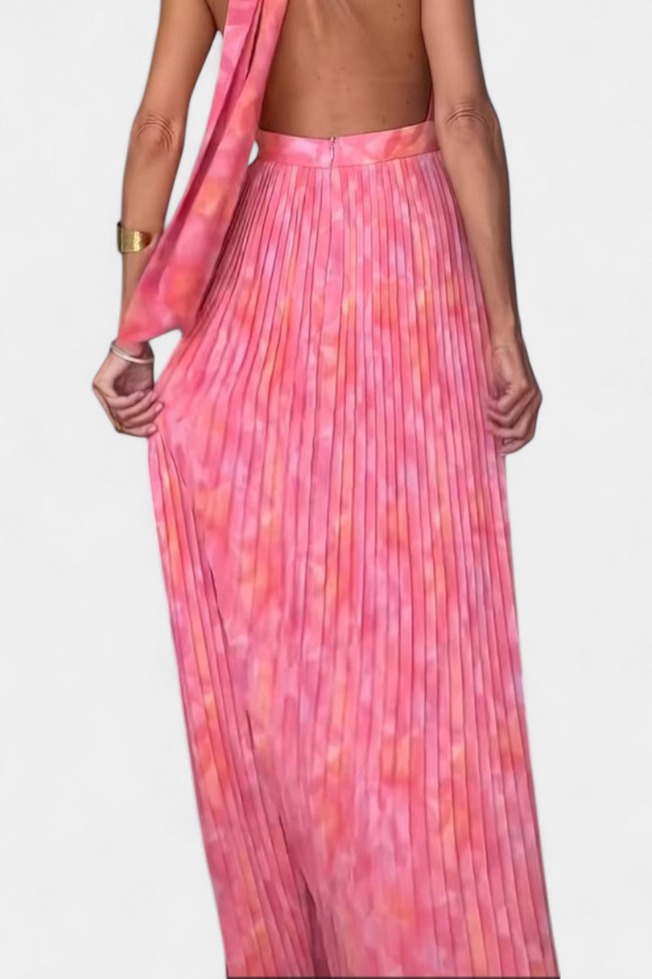 Prisca Maxi Pleated Dress with Open Back and Halter Neck