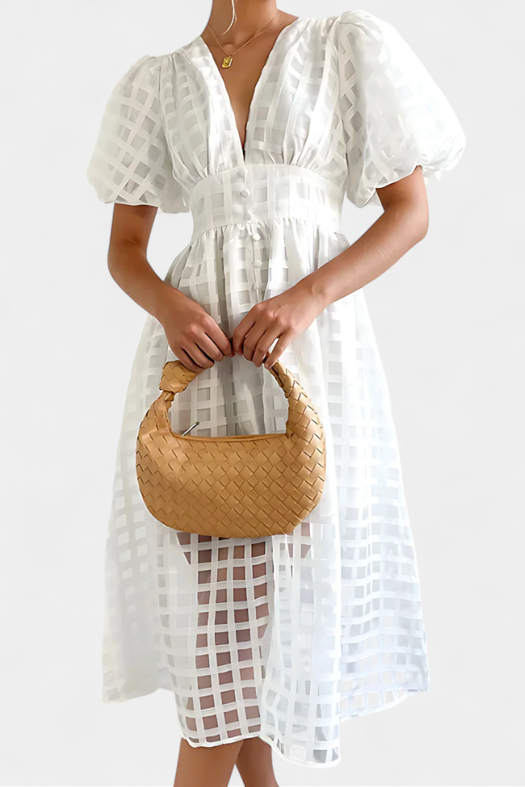 Marigold Bubble Sleeve Midi Dress with Checkered Pattern
