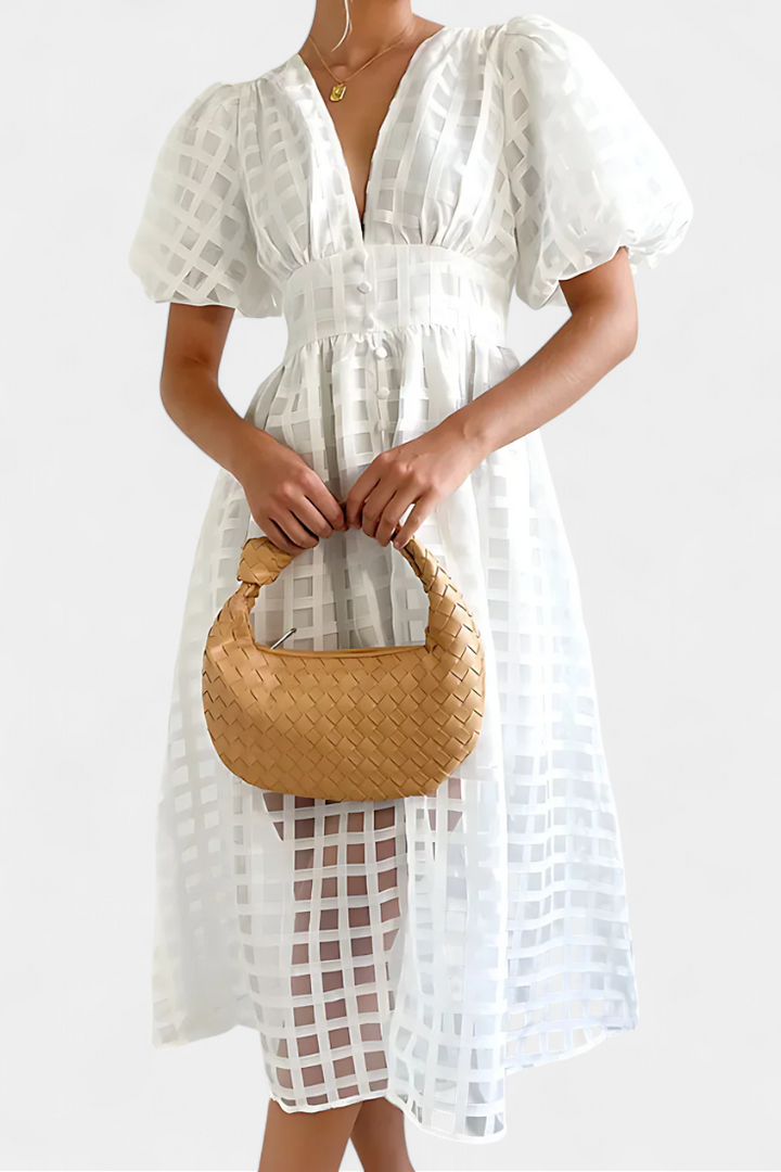 Marigold Bubble Sleeve Midi Dress with Checkered Pattern