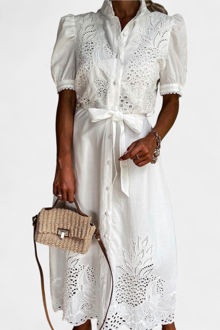 Nerea Shirt Dress Embroidered with Belt and Puffy Sleeves