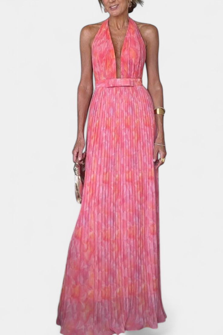 Prisca Maxi Pleated Dress with Open Back and Halter Neck