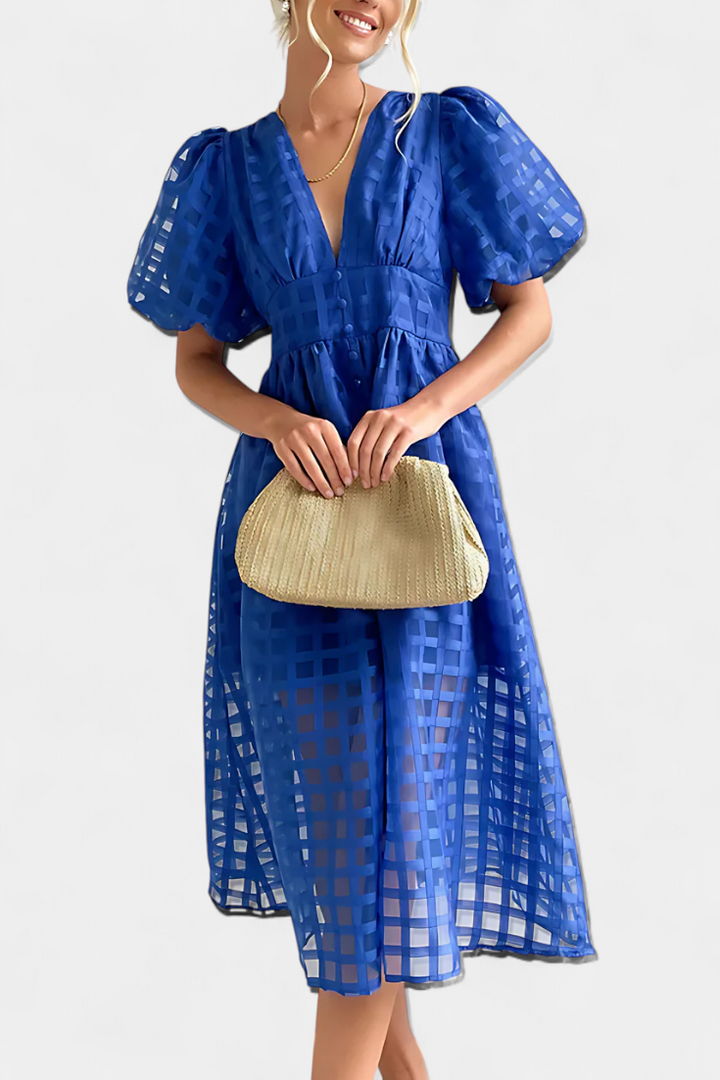 Marigold Bubble Sleeve Midi Dress with Checkered Pattern