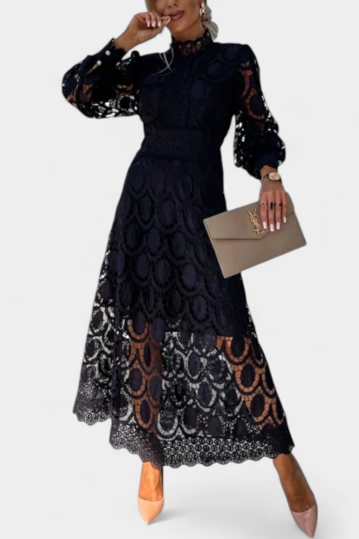 Lucinda Midi Lace Dress with Lantern Sleeves and Turtleneck