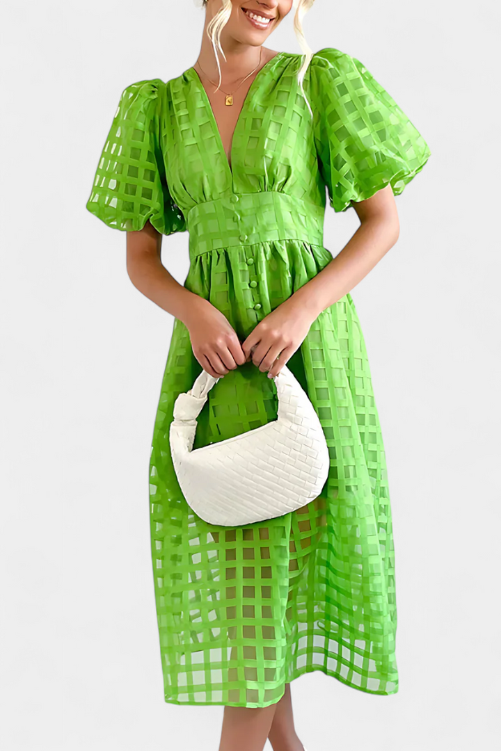 Marigold Bubble Sleeve Midi Dress with Checkered Pattern