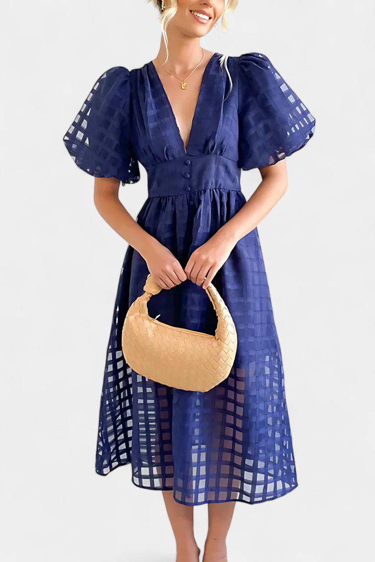 Marigold Bubble Sleeve Midi Dress with Checkered Pattern