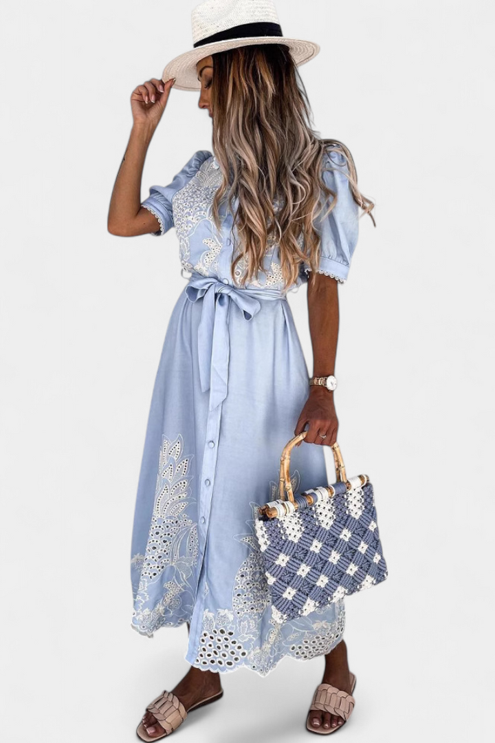 Nerea Shirt Dress Embroidered with Belt and Puffy Sleeves