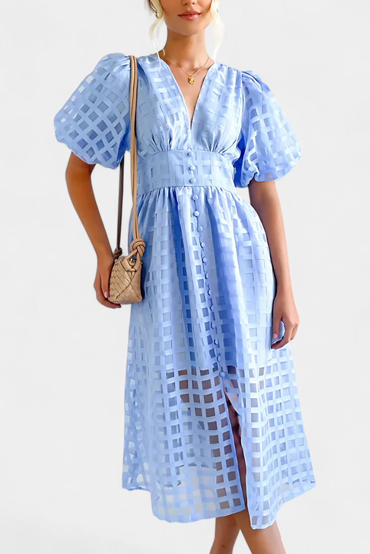 Marigold Bubble Sleeve Midi Dress with Checkered Pattern