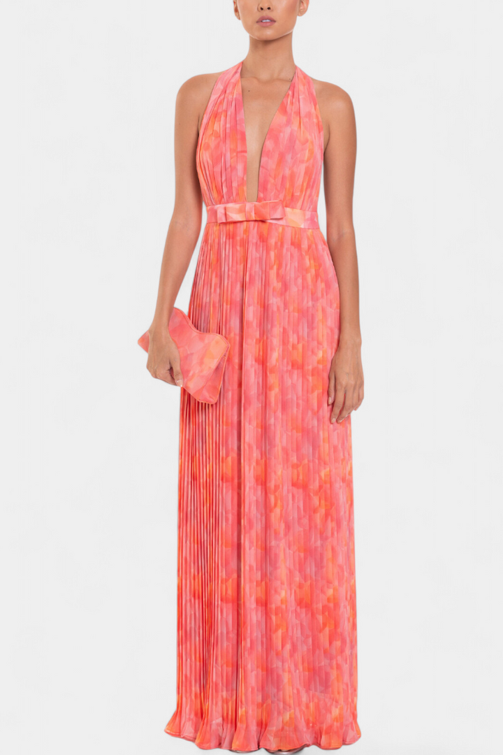Prisca Maxi Pleated Dress with Open Back and Halter Neck