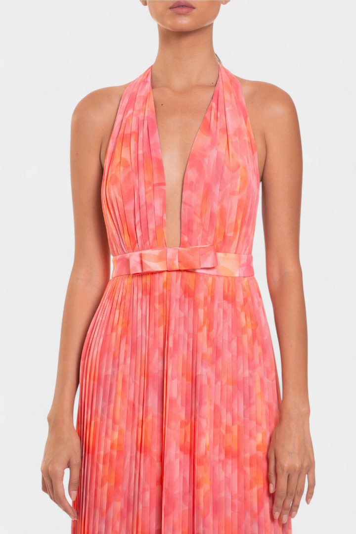 Prisca Maxi Pleated Dress with Open Back and Halter Neck
