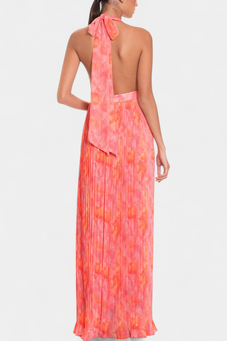 Prisca Maxi Pleated Dress with Open Back and Halter Neck