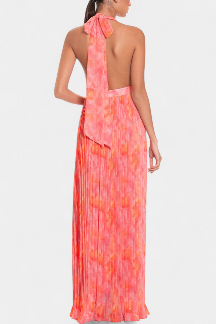 Prisca Maxi Pleated Dress with Open Back and Halter Neck