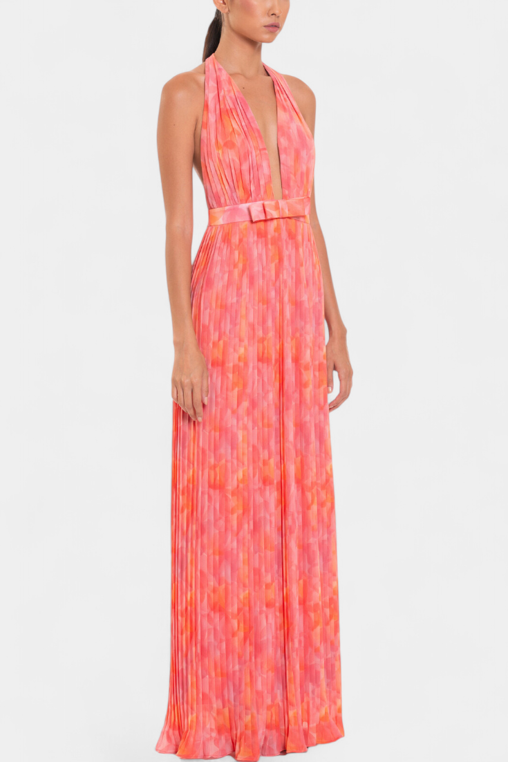 Prisca Maxi Pleated Dress with Open Back and Halter Neck